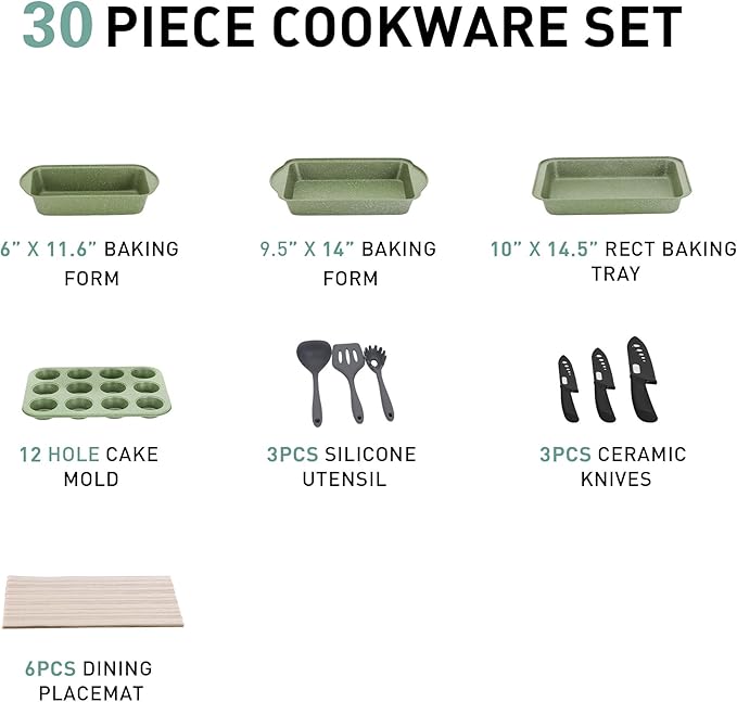 MAISON ARTS Pots and Pans Set Non Stick 30 Piece Kitchen Cookware &amp Bakeware Sets with Granite Coating Pots and Pans Sets for Cooking Nonstick Green