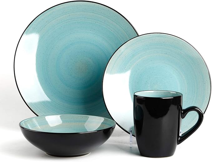 Sonoma 16 Piece Stoneware Dinner Set Samoa Outside Black + Inside Hand painted Combi Colors of Grey Orange Purple and Turquoise) with speckle