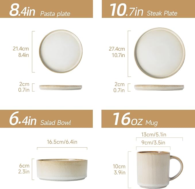 MONITO Ceramic Dinnerware 16 Pieces Dinner Set10.7in Stoneware Plates and Bowls Sets Highly Chip and Crack Resistant | Dishwasher &amp Microwave Dishes setGift Bonbon Beige