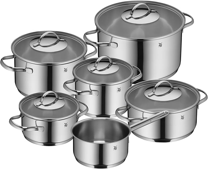 WMF Aparto Vorteils 6-Piece Induction Saucepan Set with Glass Lid Polished Cromargan Stainless Steel Induction Pots Set Uncoated Dishwasher Safe