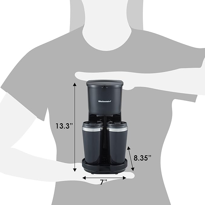 Elite Gourmet EHC116 Dual Drip Double Coffee Maker Brewer Includes Two 14 Oz Stainless Steel Interior Thermal Travel Mugs Compatible with Coffee Grounds Reusable Filter Black