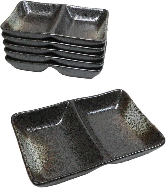 Ebros Gift Artistic Charcoal Grey Tone Hakumu Collection Dinnerware Serveware Kitchenware Set Asian Japanese Restaurant Supply (Pack Of 6 Dual Compartment Rectangle Sauce Dishes)