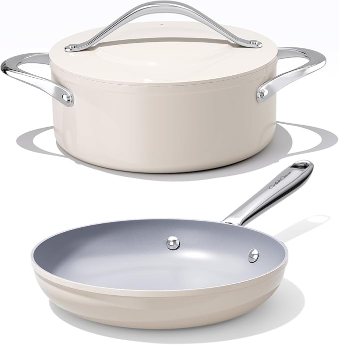 Nonstick Ceramic Cookware Set- 4.5qt Dutch Oven &amp 10 Frying Pan PFAS/PFOA/PTFE-Free All Cooktops Compatible Oven Safe to 500°F Even Heat Distribution (Cream)