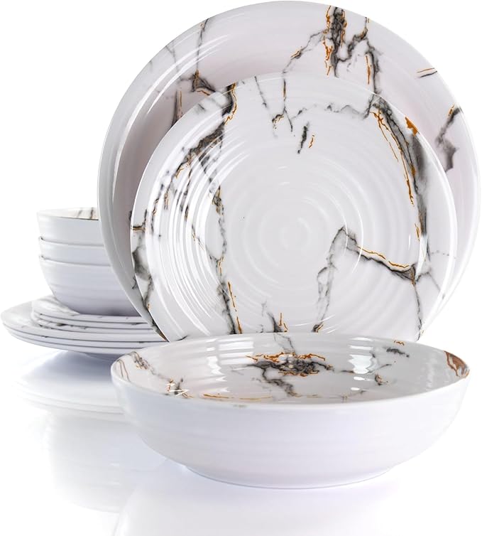 12 Piece Lightweight Melamine Dinnerware Set – Shatter-Resistant Dish Set for 4 with Plates and Bowls – Outdoor &amp Indoor Unbreakable Dinnerware (White)