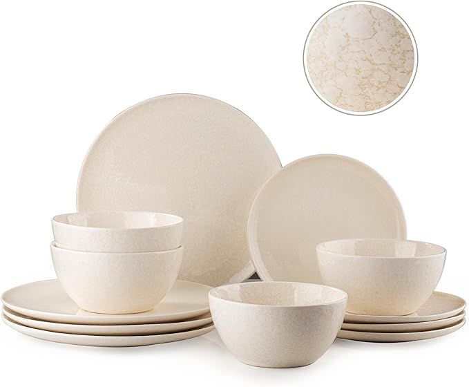 Plates and Bowls Sets12 Pieces Beige Dinnerware Sets for Kitchen Reactive Glaze Dishes Set for 4 Dishwasher and Microwave Safe Series Starflecked Shore (Beige)