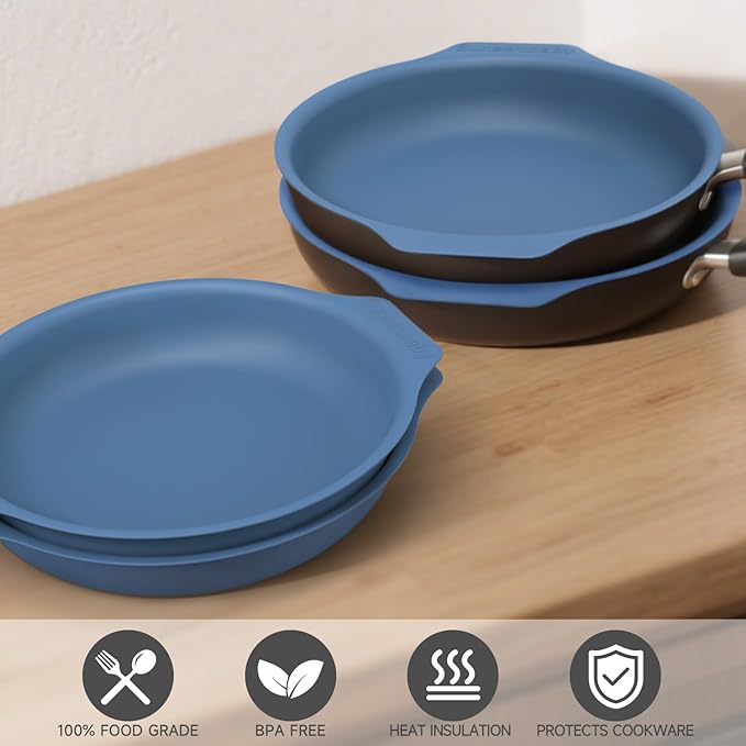 Silicone Pan Protectors for 12-Inch Frying Pans - Non-Slip Stacking Guards BPA-Free &amp Dishwasher Safe | Protect Cookware from Scratches (Blue 2 Pack)