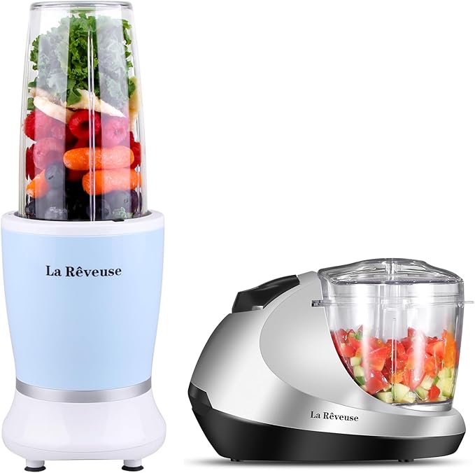 La Reveuse 250W Smoothie Blender (Sky Blue) + La Reveuse Small Food Chopper (Silver)