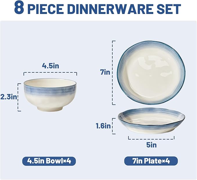 8 Pieces Plates and Bowls Dishes Sets Simple and Modern Deep Dish Dinnerware Set Thick Ceramic Dishware Sets High Temperature and Heat Resistant Easy to Heat Up Smooth Glaze for Easy Cleaning