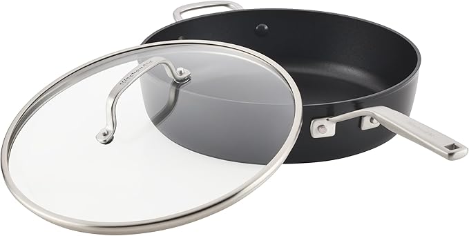 KitchenAid Hard Anodized Induction Nonstick Cookware Saute Pan/Jumbo Cooker with Lid and Helper Handle Dishwasher Safe 5 Quart Non Stick Sauteuse with Stainless Steel Handles - Matte Black