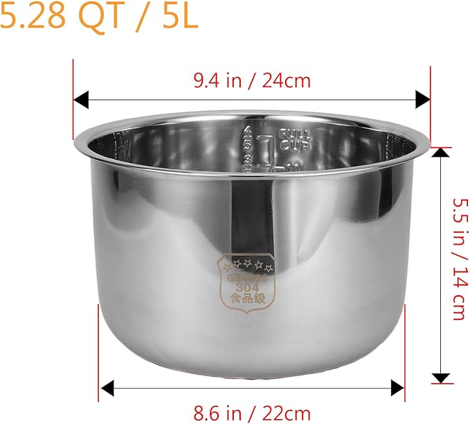 UPKOCH Stainless Steel Rice Cooker Inner Pot 5.28Qt 5L Non-Stick Replacement Liner Compatible with Pressure Cooker and Electric Rice for Meal Prep and Baking
