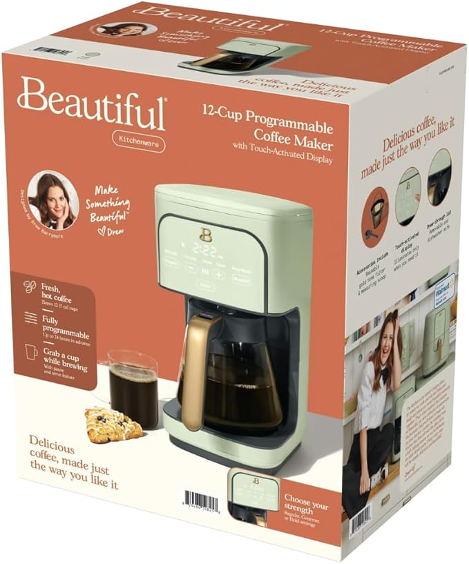 12 Cup Programmable Coffee Maker 24 Hour Auto Brew Touch Display Bold Strength Control Glass Carafe Reusable Filter Auto Shut Off (Sage Green)