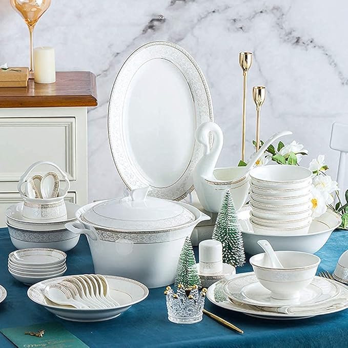 White Round Porcelain Dinnerware Set Dishes/Plate/Bowl Set Fine Bone China Dinnerware Sets Clearance Collection Ceramic Kitchen And Dining Sets For HomeB56 Pcs Service For 1058 Pcs Service for 1