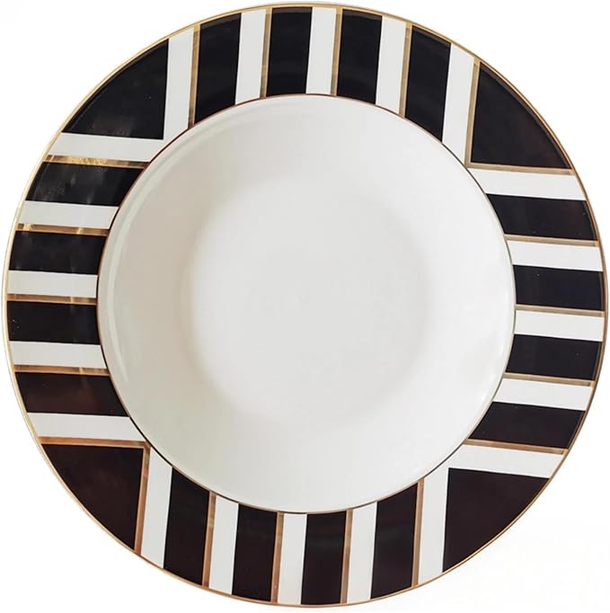 Bone china dinnerware set for 2 Plates set with dessert plates (6.5&amp8 inch) and dinner steak plate(10.5&amp12 inch) dishes set for home and kitchen black and gold line pattern series