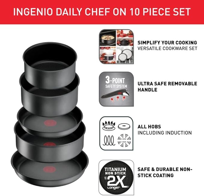 Tefal Ingenio Daily Chef ON 10 piece Non-Stick Induction Pan Set 22&amp26cm Frying pans 18&amp20cm Saucepans 24cm Sautepan 18&amp20cm Hermetic Lids Spatula 2 Bakelite Removable Handles Grey