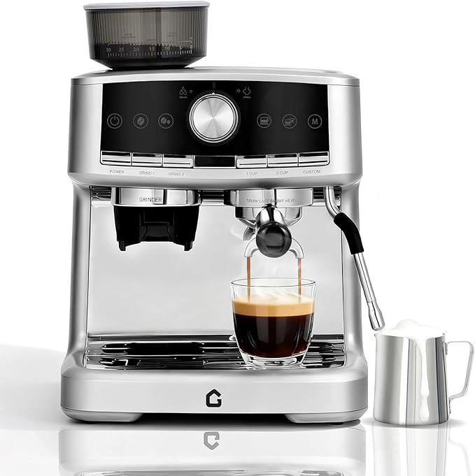 20 Bar Stainless Steel Espresso Machine with Integrated Grinder Adjustable Shot Volume 1.5l Removable Water Tank Steam Milk Frother Wand for Home and Office Use Silver