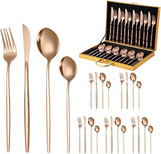 24 Piece Dinner Set for Daily Life Service for 6 Matte Slim Handle Easy Clean for Restaurant Kitchen Formal Events Parties Home Dishwasher Safe(Rose GoldD)
