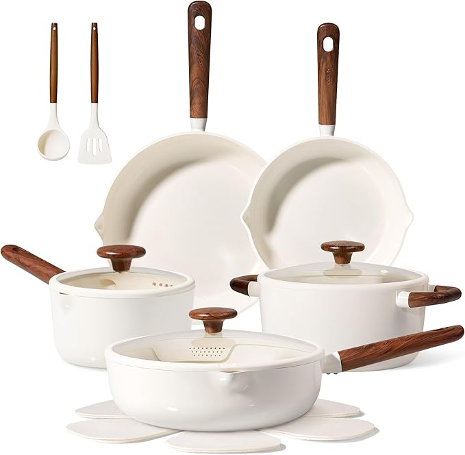 CAROTE Ceramic Cookware Sets Pots and Pans Set Non stick Non Toxic Healthy Induction Cookware 14 Pcs Nonstick Kitchen Pots and Pans Set PFAS PTFE Free Dishwasher Safe
