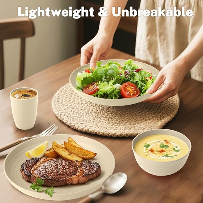 Wheat Straw Dishes Set Service for 8 Reusable Plastic Dinnerware Set 32 PCS Kitchen Plates and Bowls sets Unbreakable Microwave and Dishwasher Safe Camping Dishes for RV Outdoor - Beige