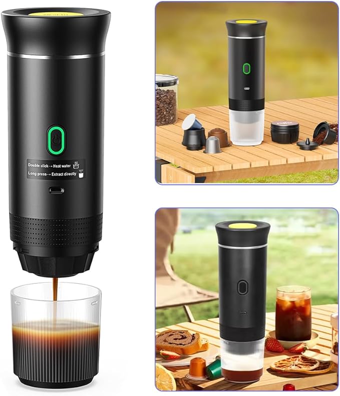 Portable Coffee Machine 15 Bar Mini Electric Maker Self Heating Hand Make Convenient and Versatile Usb C Car Charger Compatible with Ground Ns Capsule for Camping Hiking Office