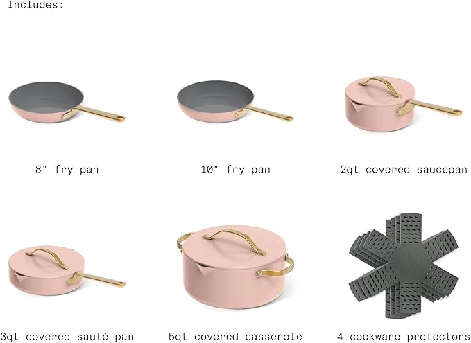 12-Piece Ceramic Nonstick Cookware Set with Lids Induction Compatible Pots and Pans Dishwasher Oven Safe Durable Ceramic Construction with Pour Spouts and Gold-Tone Handles (Rose)