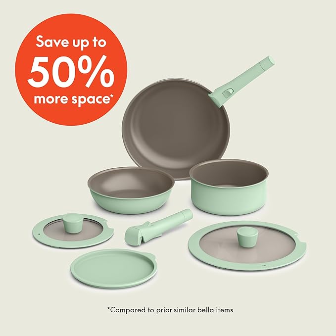 bella 8 Piece Removable Handle Cookware Set Fits-anywhere™ Kitchenware w EverGood™ Ceramic Nonstick Coating Dishwasher &amp Oven Safe All Stovetops Compatible Glass Lids with Silicone Rims Seag