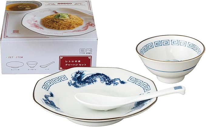 Marusan Kondo 04941 Plate Bowl 3-Piece Set Fried Rice Dinnerware Set Microwave Safe Present Gift Blue Retro Chinese