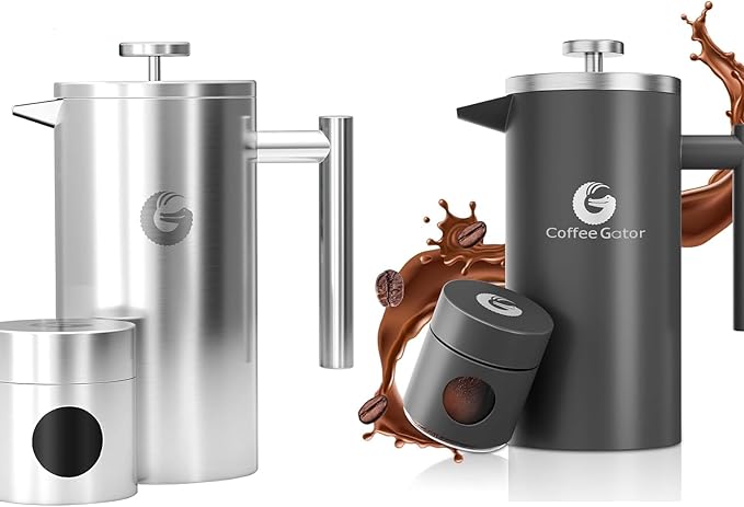 Coffee Gator French Press Coffee Maker 34oz Double Insulated Stainless Steel Silver and Gray