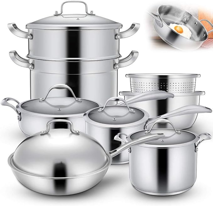 Stainless Steel Induction Cookware Set Professional Pots and Pans Set with Steamer and Lid for Even Heating Oven Stovetop