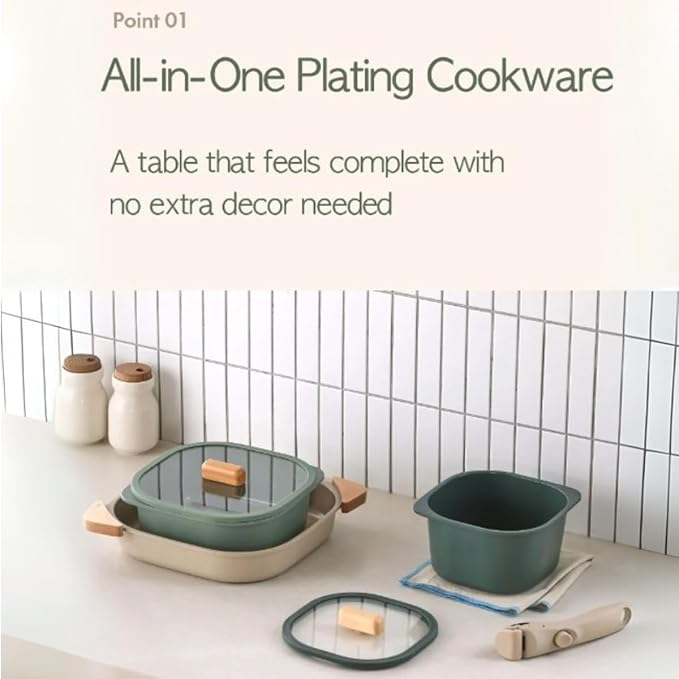 FIKA Objet Comfort 7-Piece Kitchen Nonstick Healthy Cooking Cookware Set with Lid Detachable Handle Induction Compatible All-in-One Kitcheware Easy to Store Great Gift Made in Korea (GREEN)