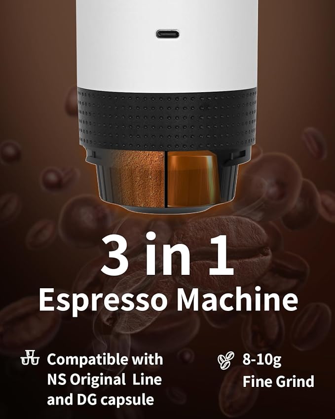 Portable Electric Espresso Machine Travel Coffee Maker Brewer Compatible with Ground Coffee &amp NS Capsules (White with LCD Screen)