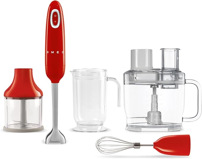SMEG Hand Blender &amp Food Processor Bundle – HBF03 with HBFP11 Attachment – Retro Style 350W Motor Variable Speed Tritan™ Renew Bowl 5-in-1 Functionality Red