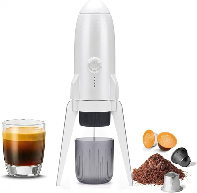 Portable Electric Espresso Machine Travel Coffee Maker for Camping 3 in 1 Self-Heating for Ground Coffee &amp DG NS Capsule Pods For Travel Camping and Hiking (Bright White)
