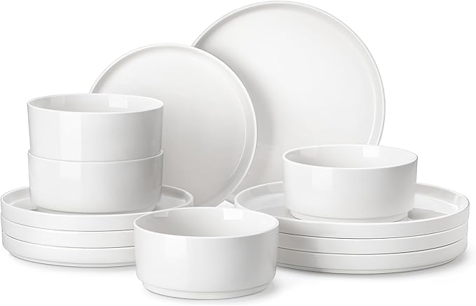 MALACASA 12 Pieces Porcelain Dinnerware Set Bundles 8.85 Large Pasta Bowls Set of 4