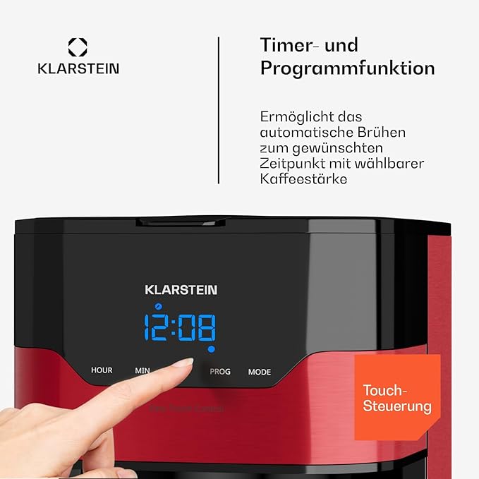 Klarstein Arabica Coffee Machine with Filter - Filter Coffee Machine 800 Watt EasyTouch Control 1.2 L Up to 12 Cups with Permanent Filter Red/Black