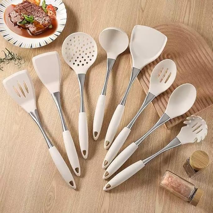 8-Piece White Kitchen Utensil Set with Gold Handles Stainless Steel Cooking Tools Includes Spatulas Ladle Spoons for Nonstick Cookware (silvery and Beige)