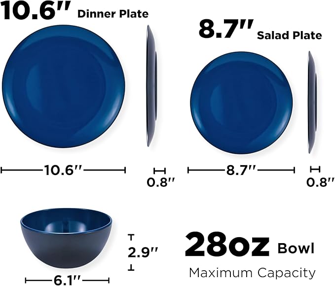 TP 18-Piece Dinnerware Set Melamine Dishes Set with Bowls and Plates Service for 6 Non-breakable Lightweight Dining Tableware Blue and Black