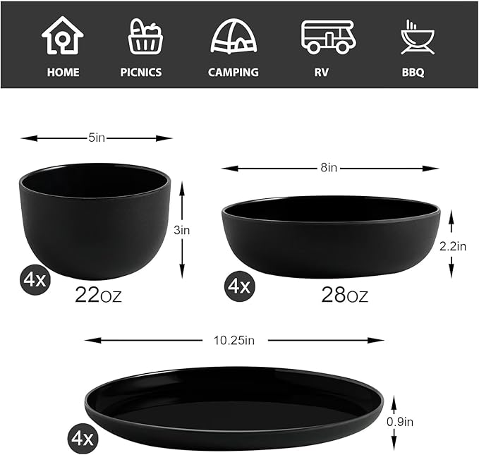 MissYIP Melamine Dinnerware Sets 12pcs Service for 4 Unbreakable Reusable Kitchen Dinnerware Set Outdoor Camping Dishes BAP free Dishwasher SafeNot oven-safe or microwavable(Black)