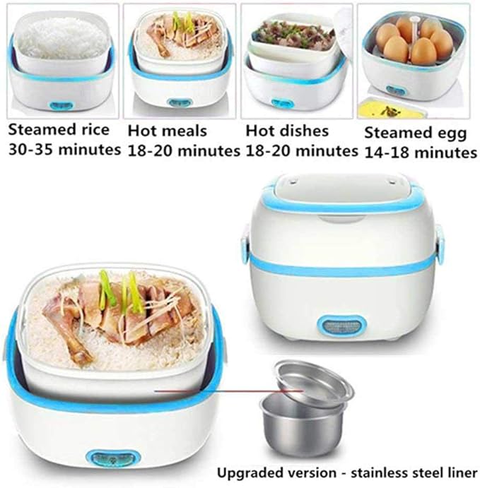 Multifunctional Electric Lunch Box Mini Rice Cooker Portable Food Heater Steamer with Stainless Steel Bowls Egg Steaming Rack Spoon Measuring Cup for Use in Office Outdoor School