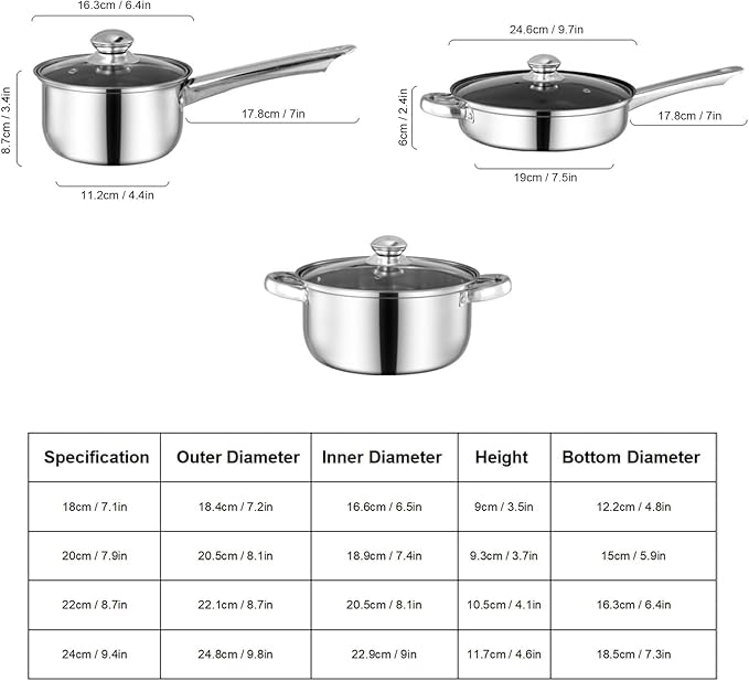 Stainless Steel Cookware Set 7 Piece Non Stick Stainless Steel Pots and Pans Set Space Saving Design Induction Kitchen Cookware Sets Works with Electric and Gas Cooktops