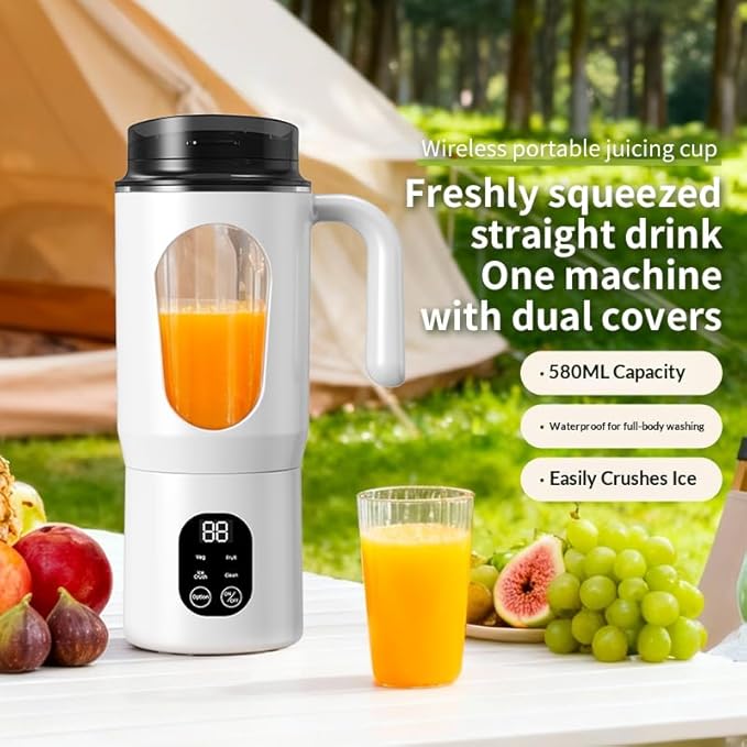 Portable Juicer with LED Display - USB Rechargeable Handheld Juice Blender Plastic Li-Ion Battery-Powered Home JuicerFor Smoothie and Juice Blender with Ice Crush (White)