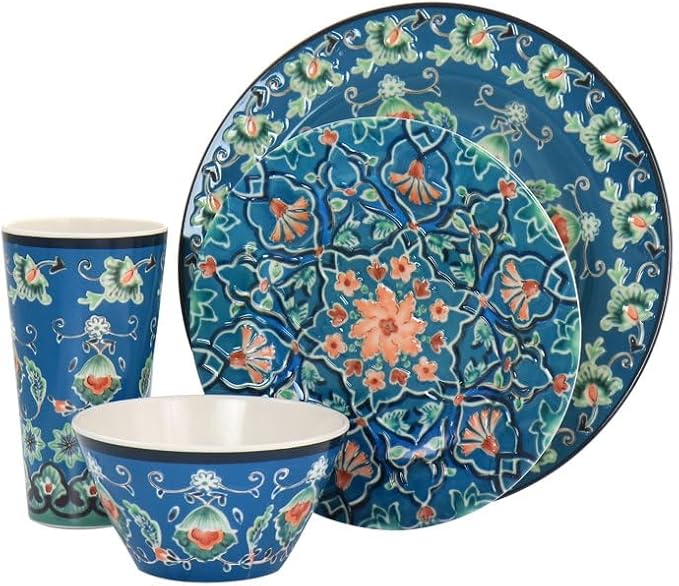 16-Piece Melamine Dinnerware Set – Lightweight Blue Floral Dishes for 4 – Durable Outdoor &amp Indoor Plates and Bowls – Hand-Painted Look Dishwasher Safe (Blue)