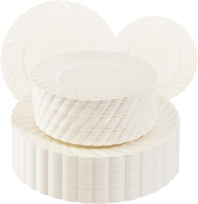 U-QE 100 Piece Ivory Scalloped Plastic Plates for Party - Plastic Plates Disposable Heavy Duty - High End Disposable Plates for Wedding Including 50PCS 9 '' Dinner Plates &amp 50PCS 6.5 '' Dessert Pl
