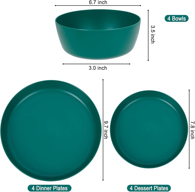 EI 12pcs Dark Green Wheat Straw PlatesPlate and Bowls SetsWheat Straw Dinnerware SetUnbreakabl Plastic Plates ReusableeMelamine Dinnerware Sets
