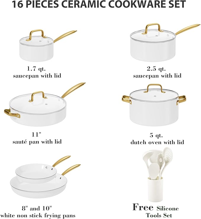 Ceramic Cookware Set VONIKI 16 Pcs Pots and Pans Set Non Stick Kitchen Cookware Sets with Cooking Utensils Set Non Toxic Cookware Set White Gold Pan Set for Cooking Pot Oven &amp Dishwasher Safe
