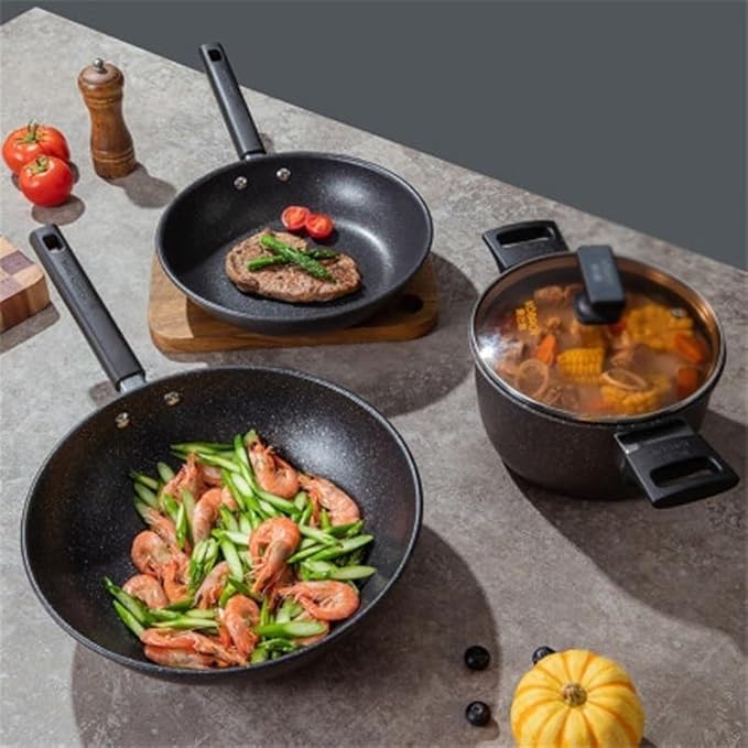 3-Piece Non-Stick Cookware Set with 30cm Wok 26cm Frying Pan &amp 20cm Stockpot for Gas &amp Induction Cookers