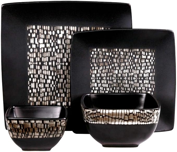 16 Piece Luxurious Square Double Bowl Highly Durable Stoneware Dinnerware Sets Traditional Animal Pattern High Gloss Texture Black Dish Set Dishwasher Safe Lightweight Unbreakable Service for 4