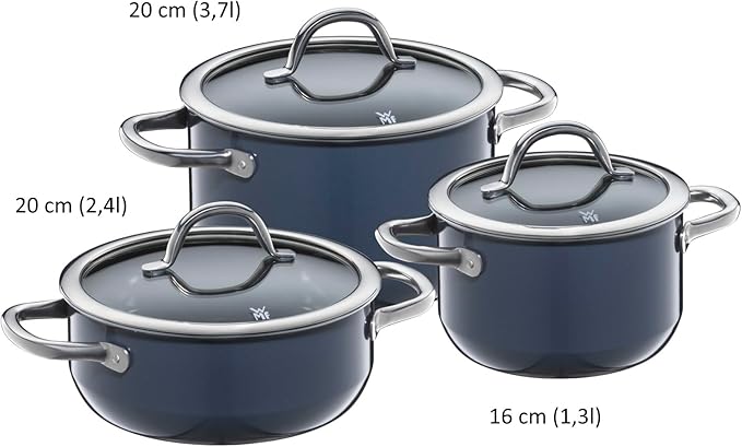 WMF Fusiontec Inspire Induction 3-Piece Saucepan Set with Glass Lid Induction Pots Set High-Tech Ceramic Scratch-Resistant Uncoated Dark Blue 516855290