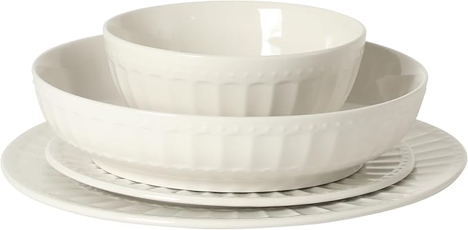 Gibson Home Melbourne White Plates and Bowls Set 16 Piece Embossed Ceramic Dinnerware Set - Service for 4 Dishes - With Pasta Bowl