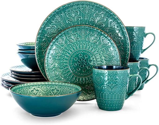 Dinner Plate Set 16 Piece Round Stoneware Dinnerware Set in Sea Green Restaurant Plates Ceramic Dishes To Eat Dish