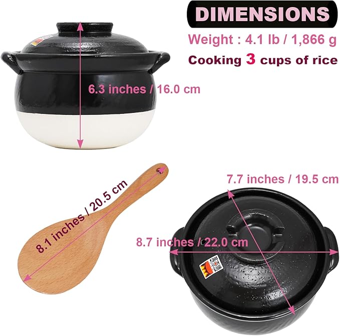 Banko-Yaki Fluffy Rice Pot Earthenware Rice Cooker with inner lid Measuring Cup and Paddle Traditional Japanese Donabe for Evenly Cooked Rice Mixed Rice and Porridge (3-Gou/Serves 3 to 5 people)